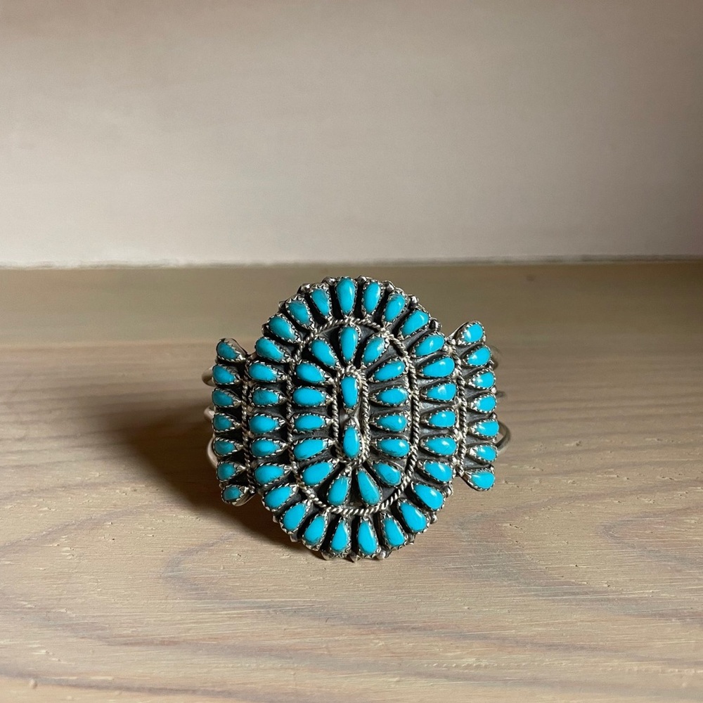 Native American Turquoise and Sterling Silver Petit Point Cluster Cuff Bracelet